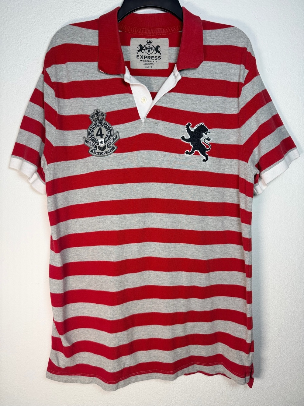 Express Men's XL Red Grey Striped Polo Embroidered Lion Crest Rugby Style